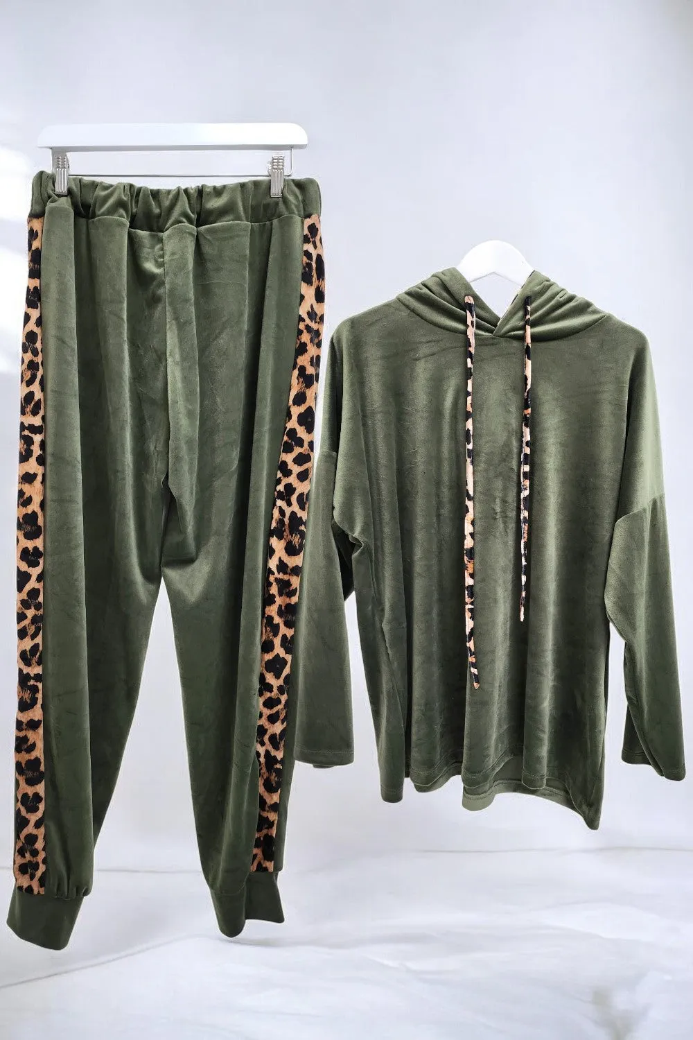 Leopard Print Panel Velour Hooded Co Ord Set