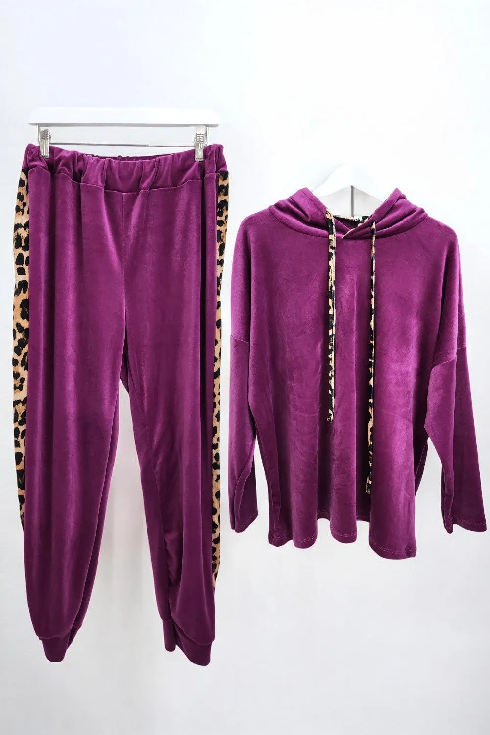 Leopard Print Panel Velour Hooded Co Ord Set