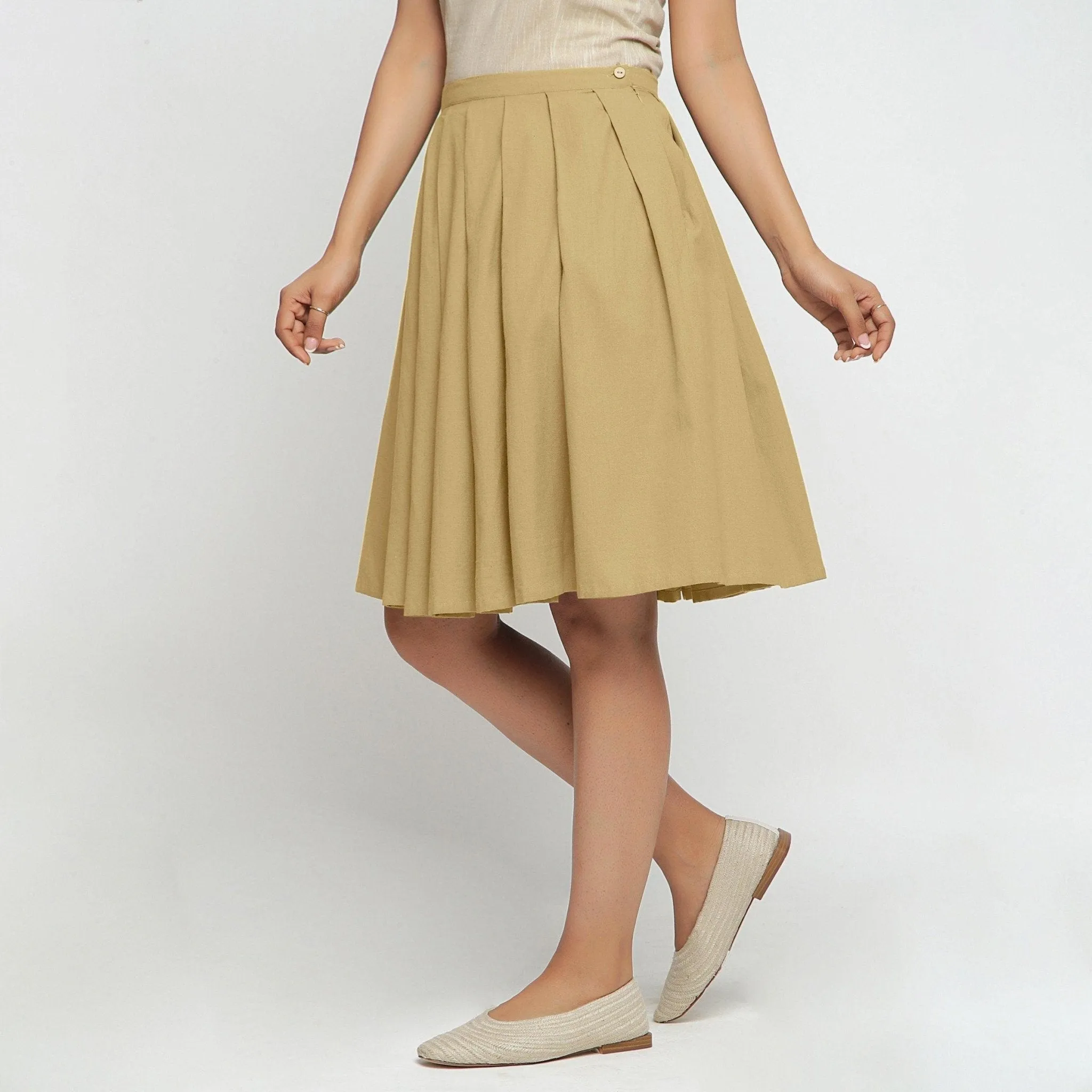 Light Khaki Cotton Flax Pleated Knee Length Skirt