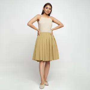 Light Khaki Cotton Flax Pleated Knee Length Skirt