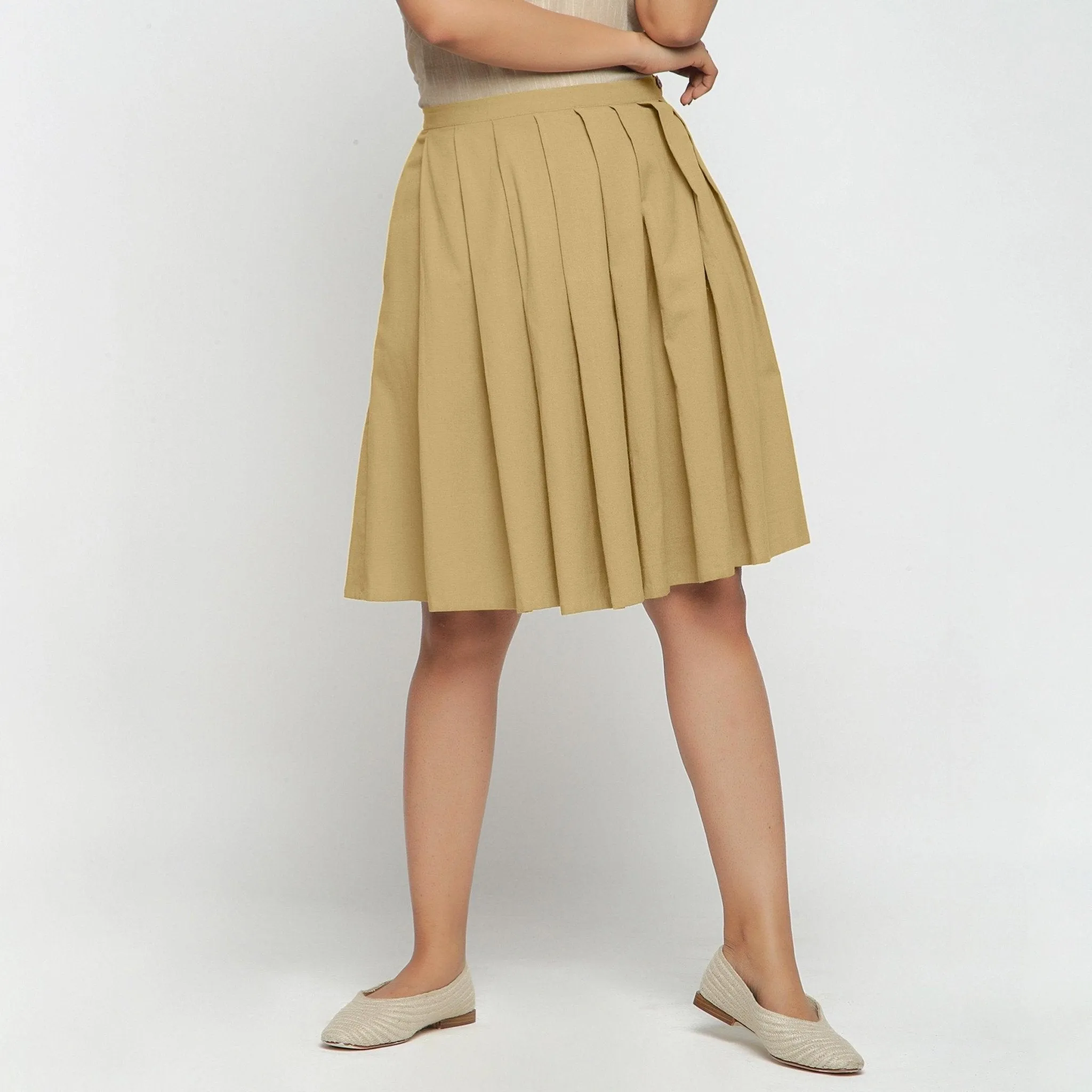 Light Khaki Cotton Flax Pleated Knee Length Skirt