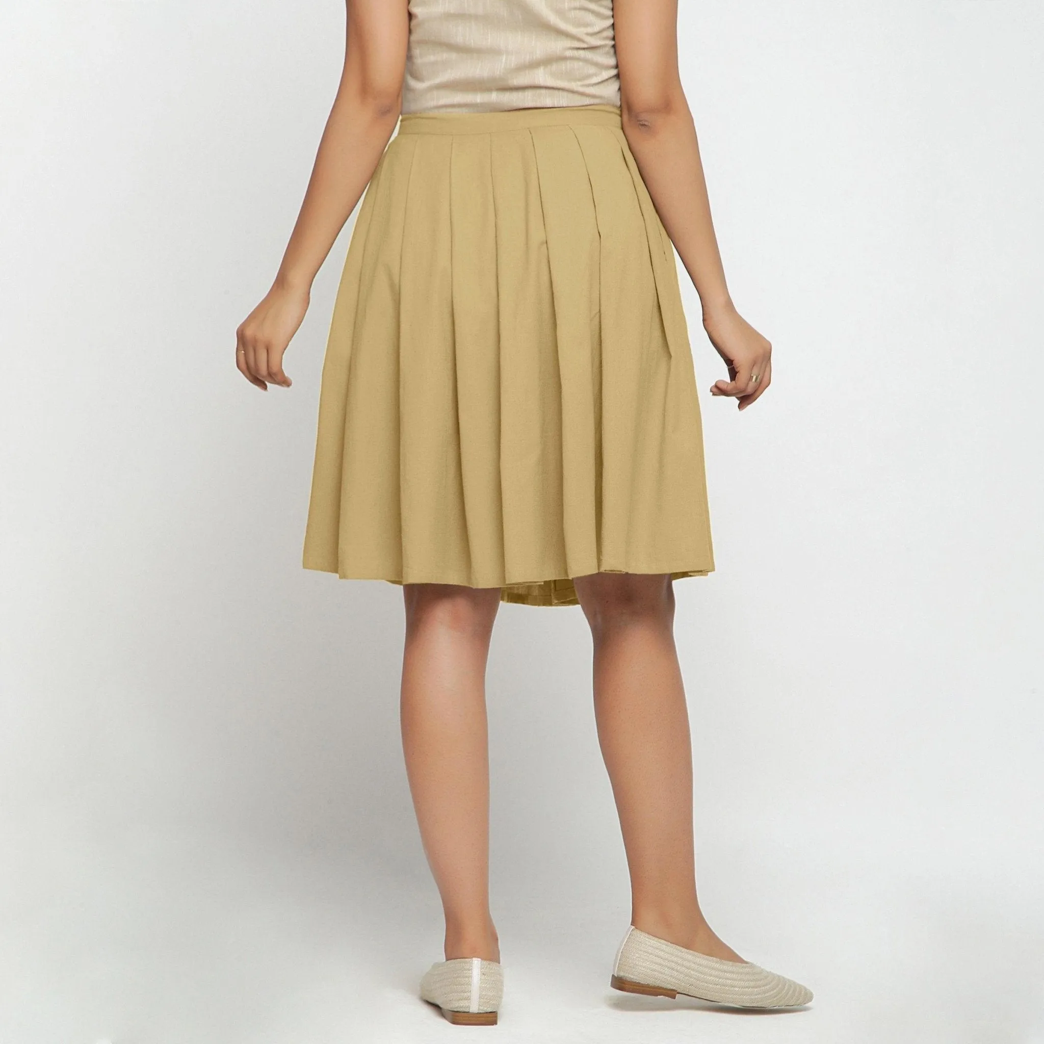 Light Khaki Cotton Flax Pleated Knee Length Skirt