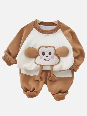 Little Surprise Box Brown 3D Monkey Face 2Pcs Track Suit Set For Winter And All Season Wear