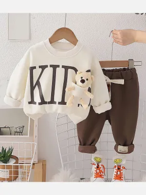 Little Surprise Box Cream & Brown Kids Teddy Soft Toy 2 Pcs Track Suit Set For Toddlers And Kids