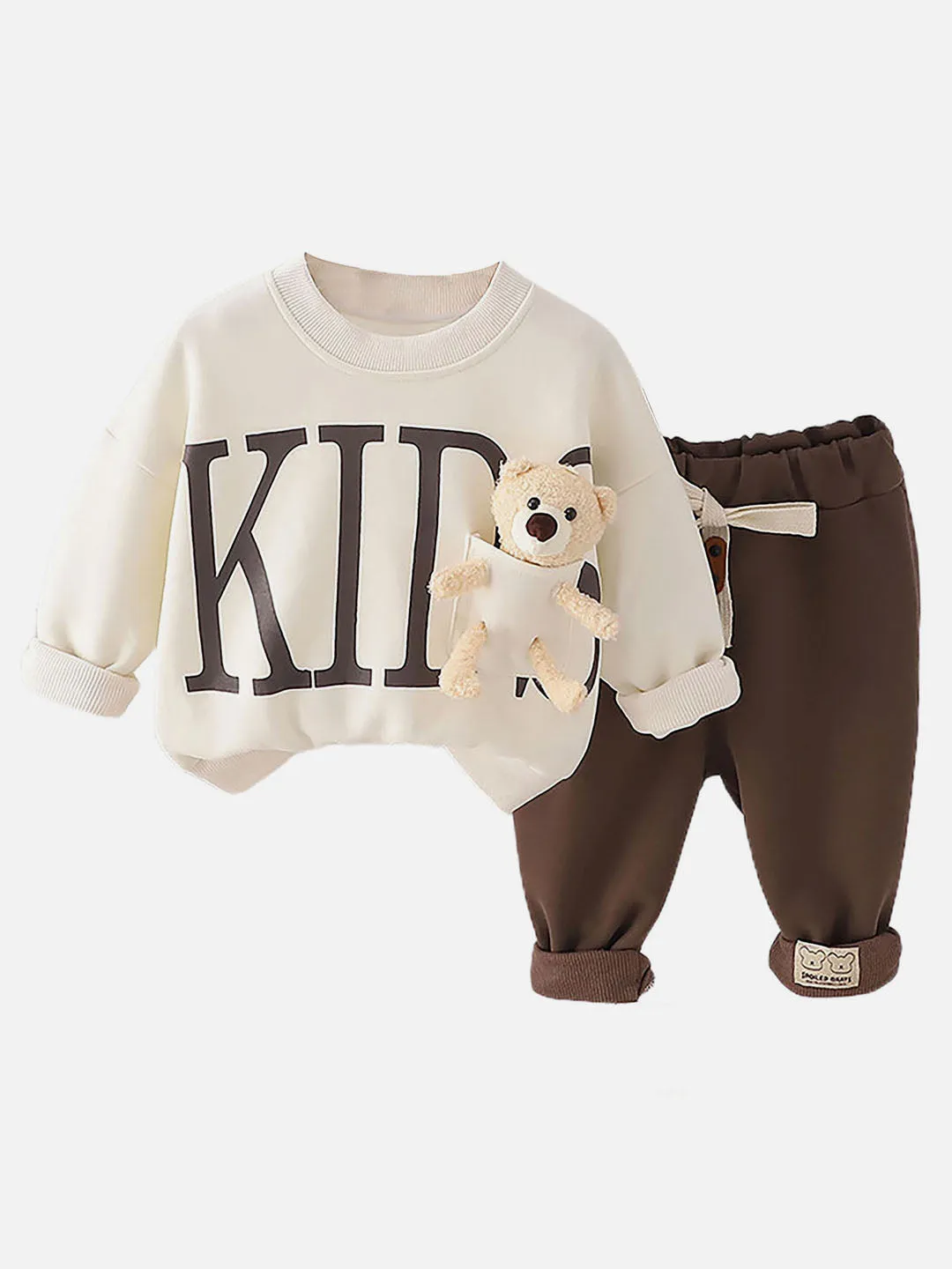 Little Surprise Box Cream & Brown Kids Teddy Soft Toy 2 Pcs Track Suit Set For Toddlers And Kids