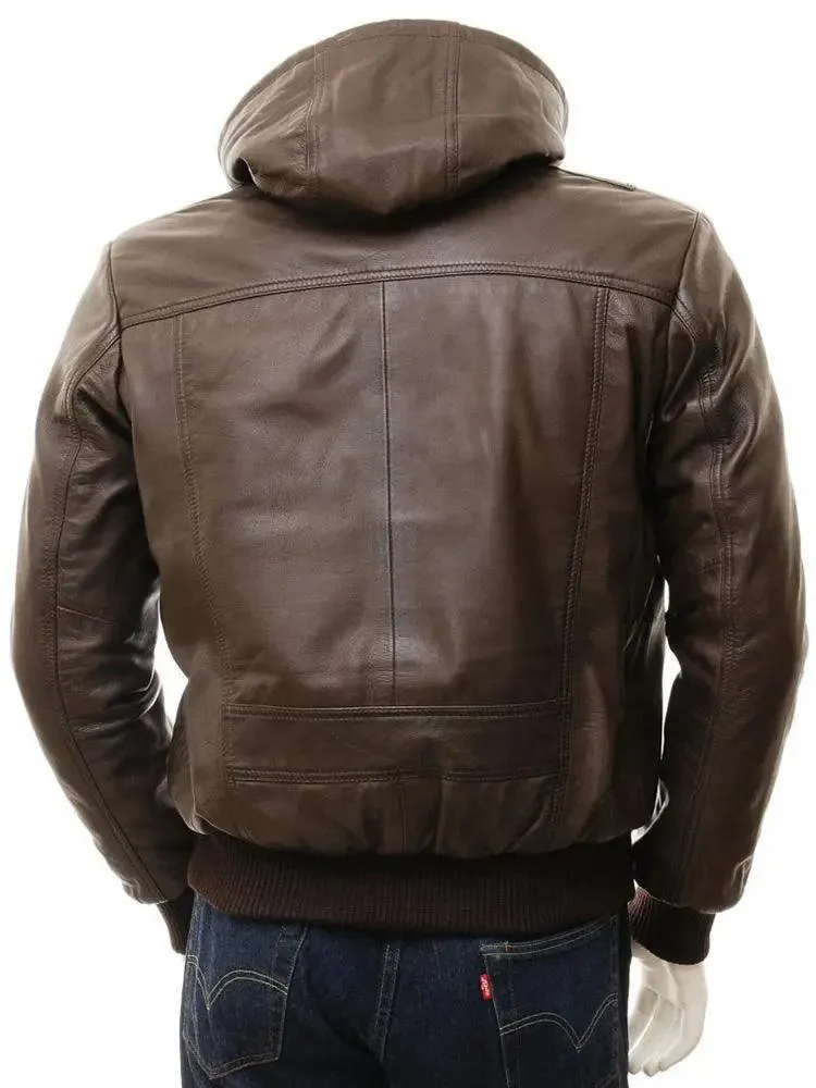 Mado Brown Removable Hooded Leather Jacket for Men