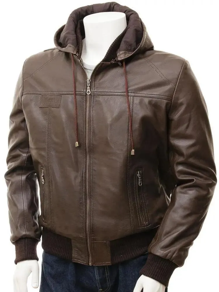 Mado Brown Removable Hooded Leather Jacket for Men