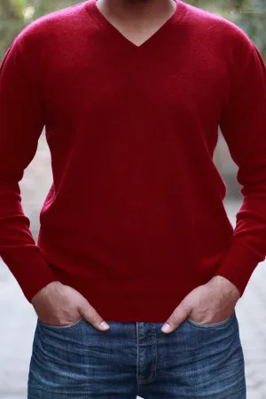 Men's Red Cashmere Sweater V-Neck Pullover