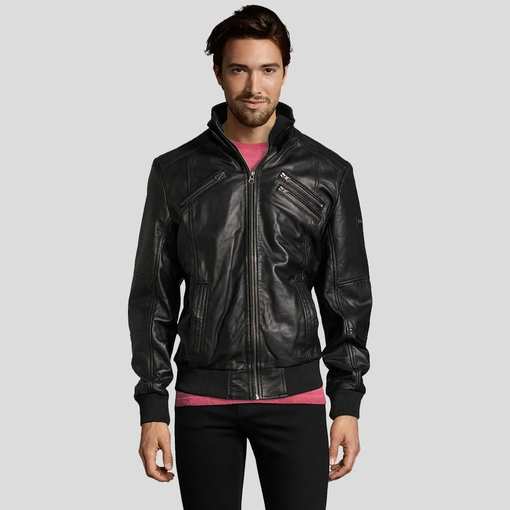 Mike Black Bomber Leather Jacket for Men