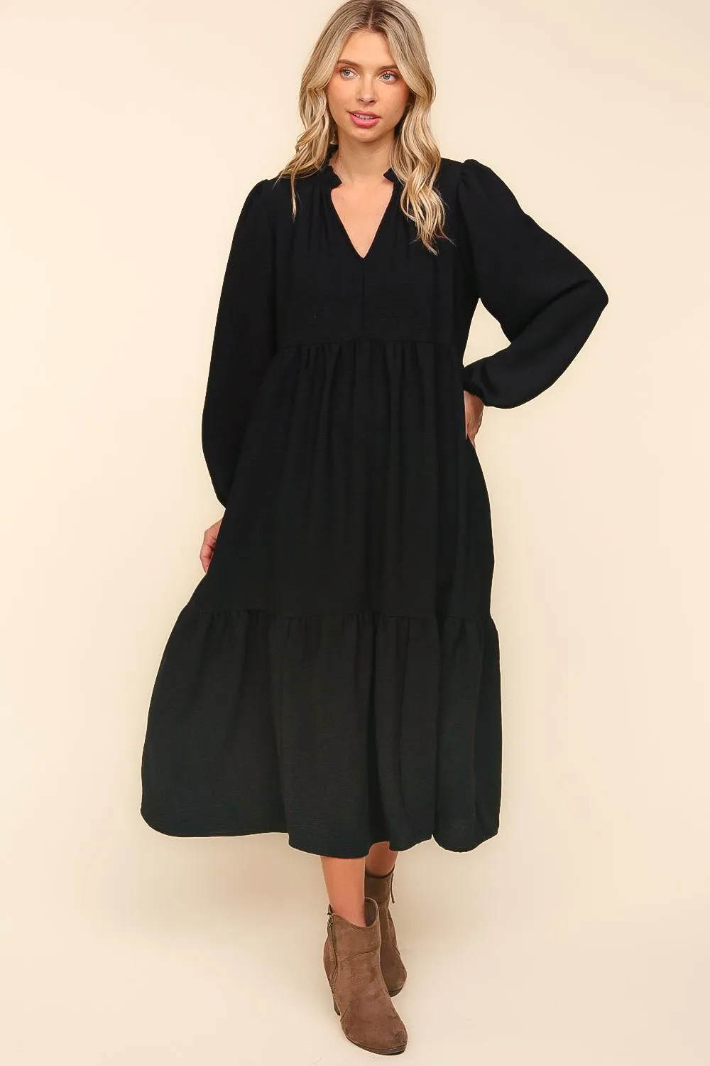 Notch Neck Babydoll Long Sleeve Maxi Dress - Black