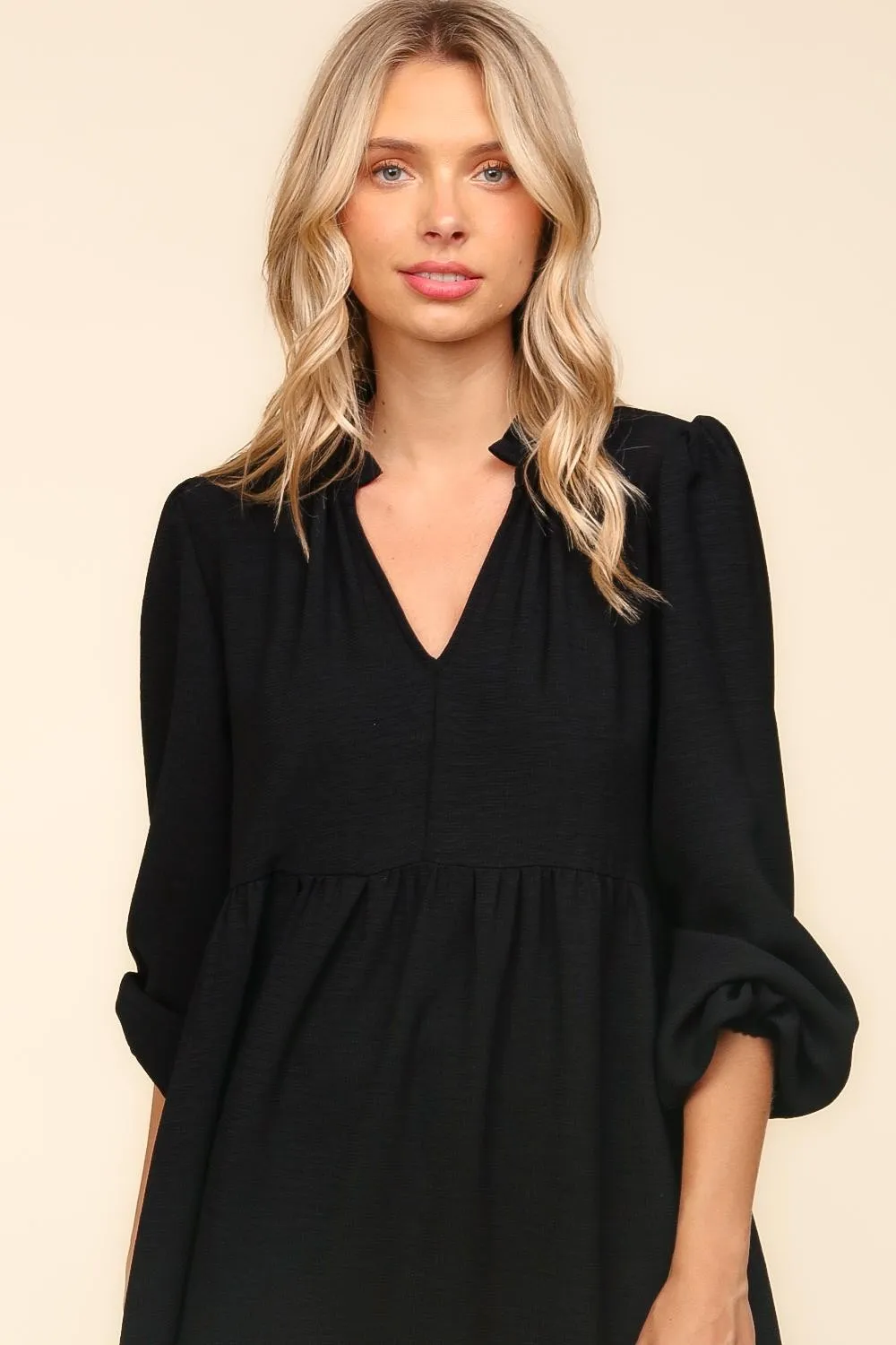 Notch Neck Babydoll Long Sleeve Maxi Dress - Black