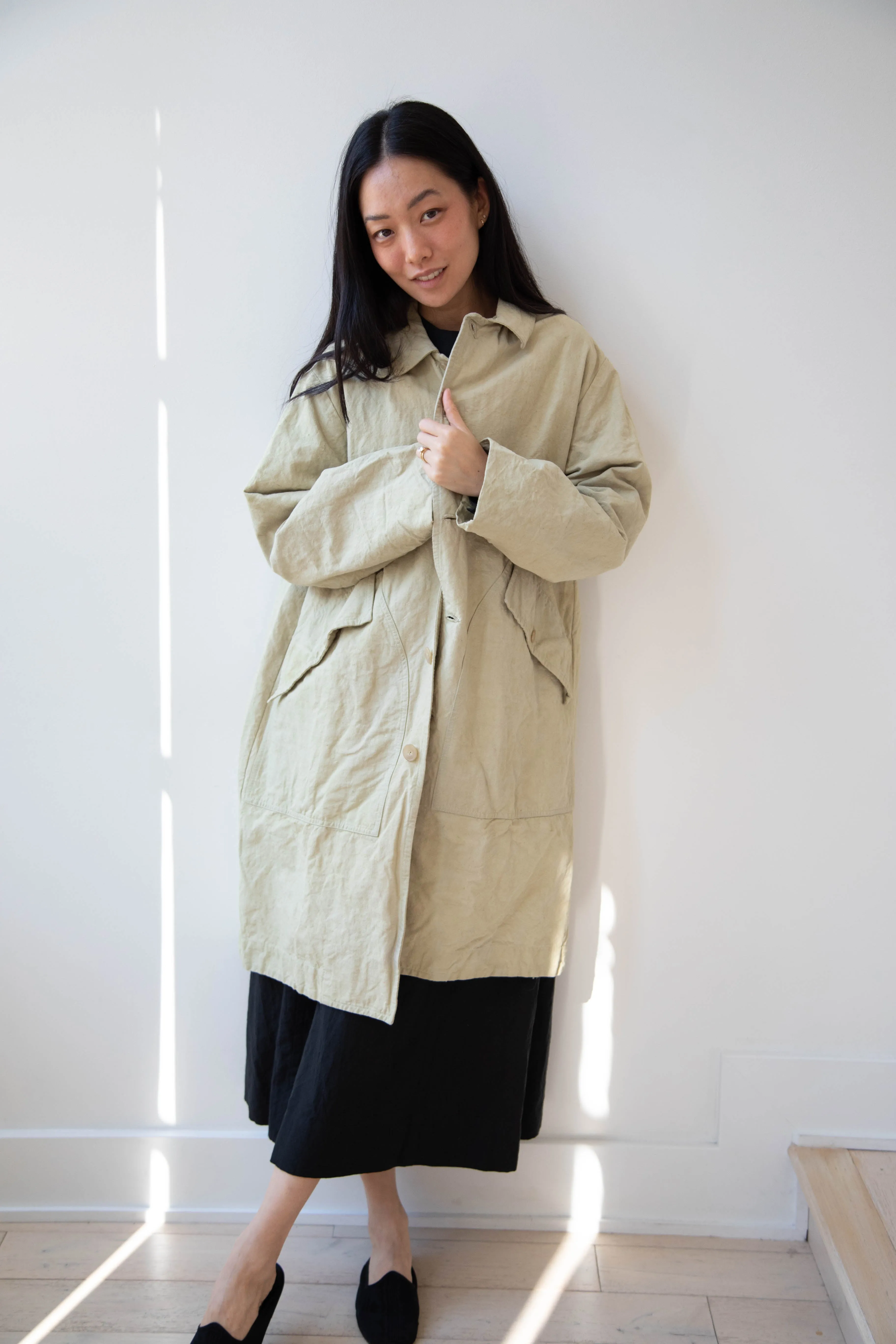 Oliver Church | Big Coat in Olive Antique French Linen Cotton