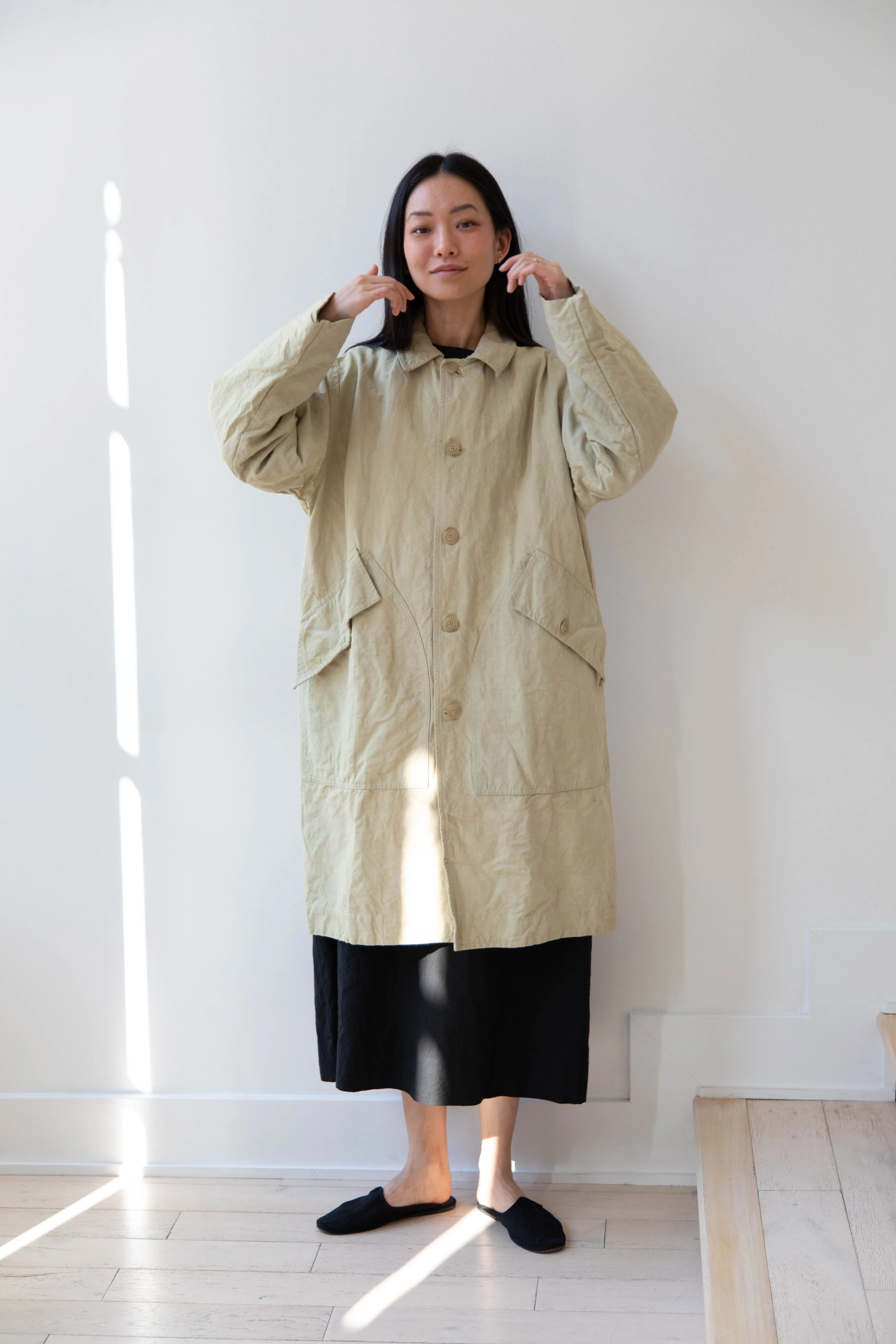 Oliver Church | Big Coat in Olive Antique French Linen Cotton