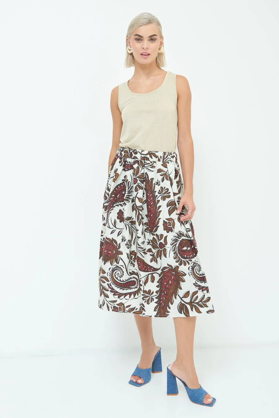 Paisley print pleated midi skirt wholesale