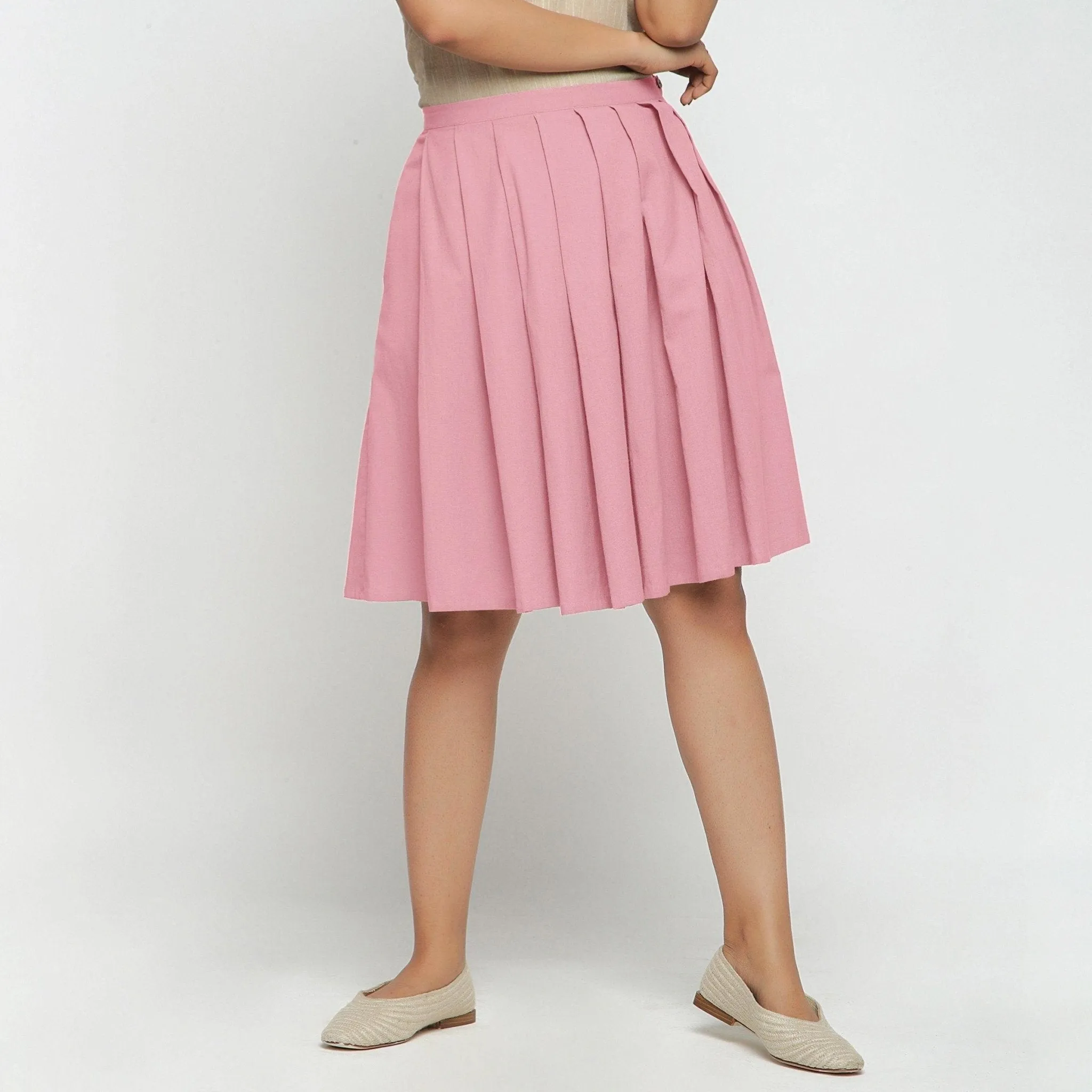 Pink Cotton Flax Knee Length Pleated Skirt