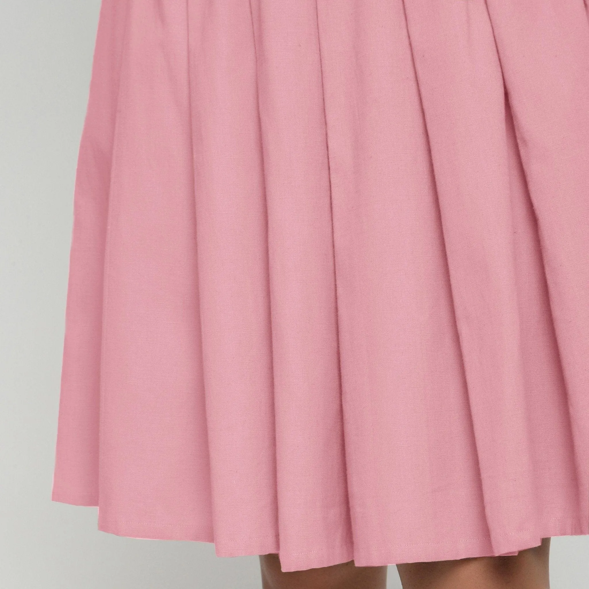 Pink Cotton Flax Knee Length Pleated Skirt