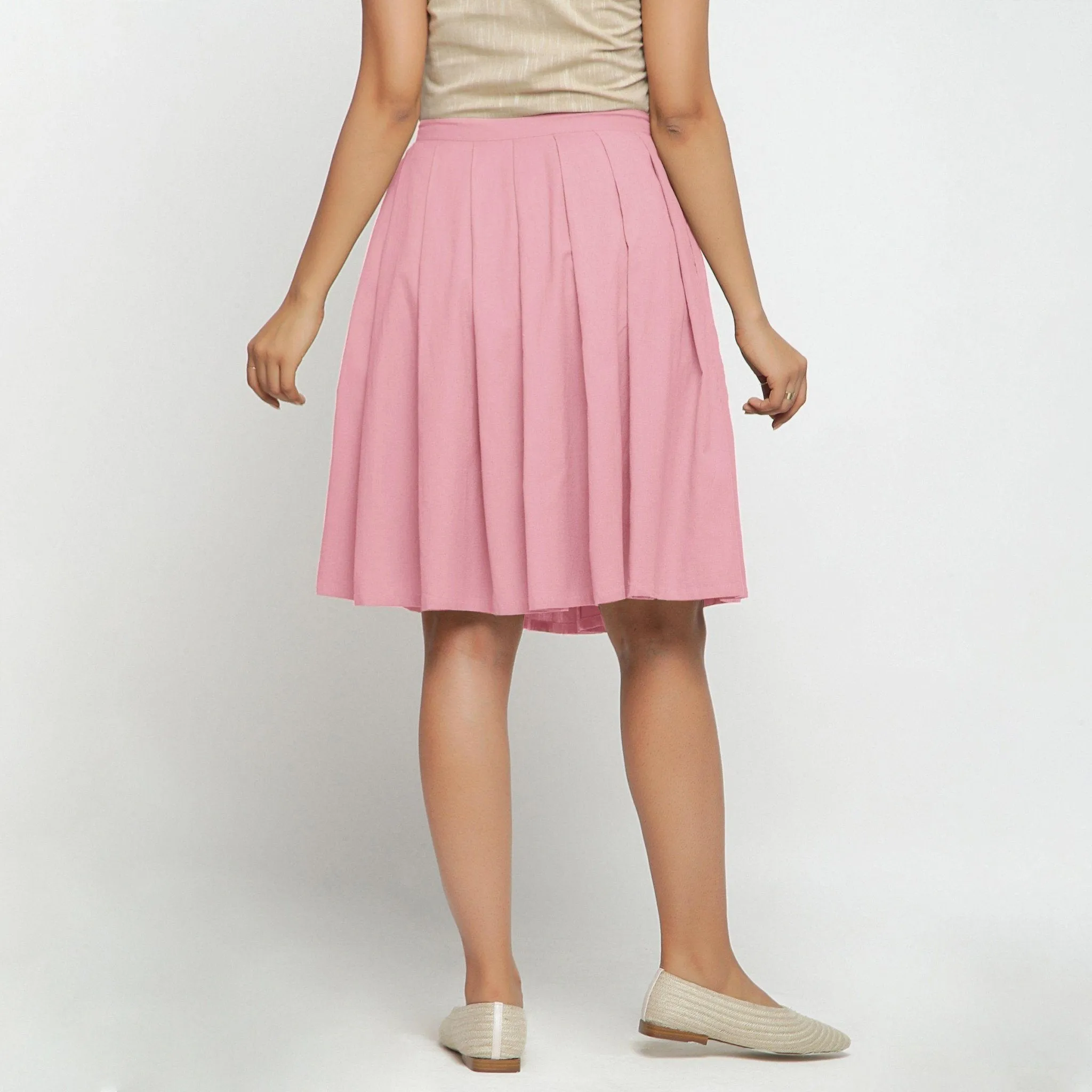 Pink Cotton Flax Knee Length Pleated Skirt