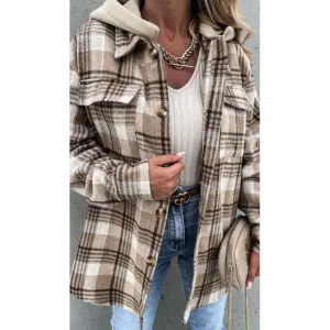 Plaid Shacket Jacket Coat With Detachable Hood