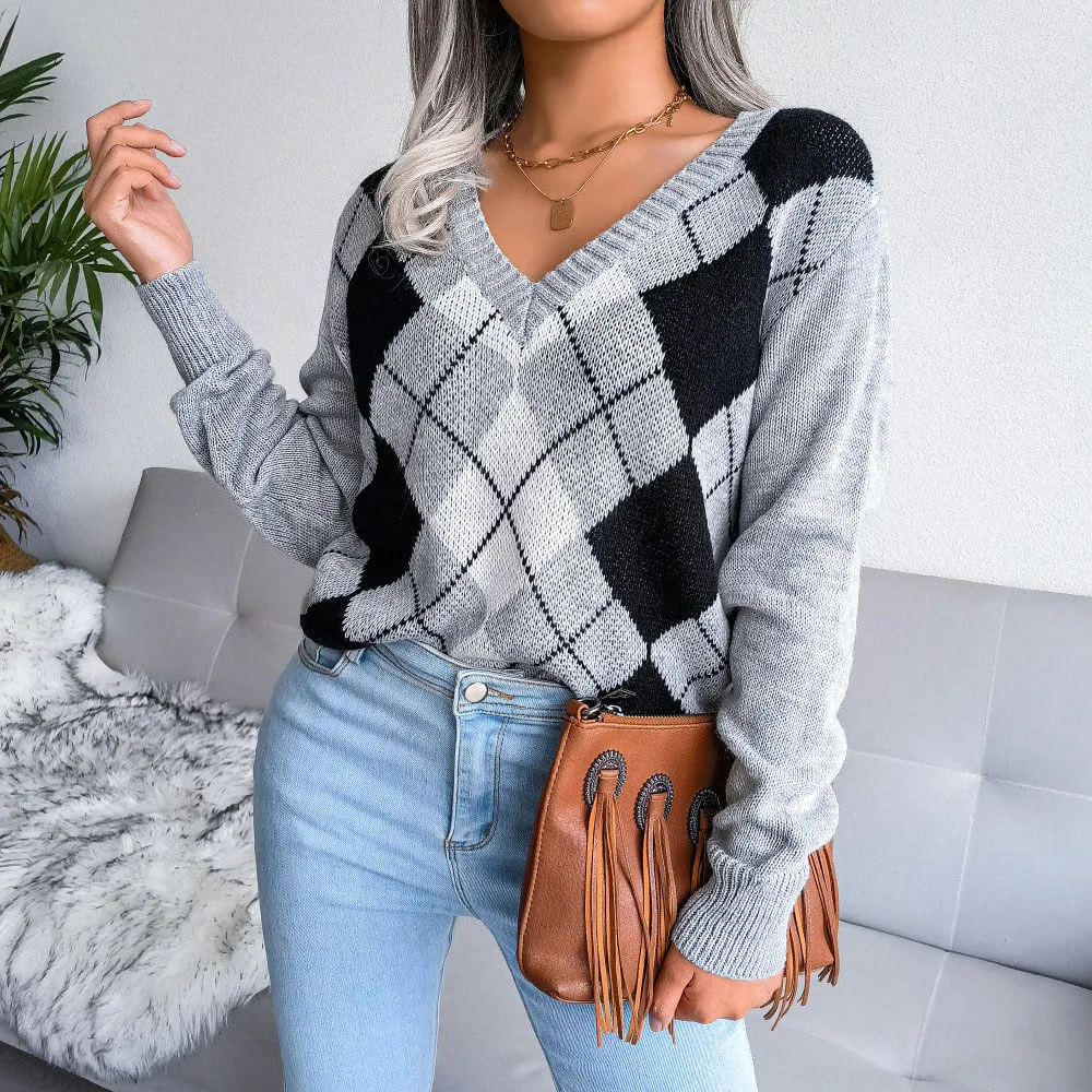 Preppy Ribbed V Neck Long Sleeve Pullover Argyle Knit Sweater