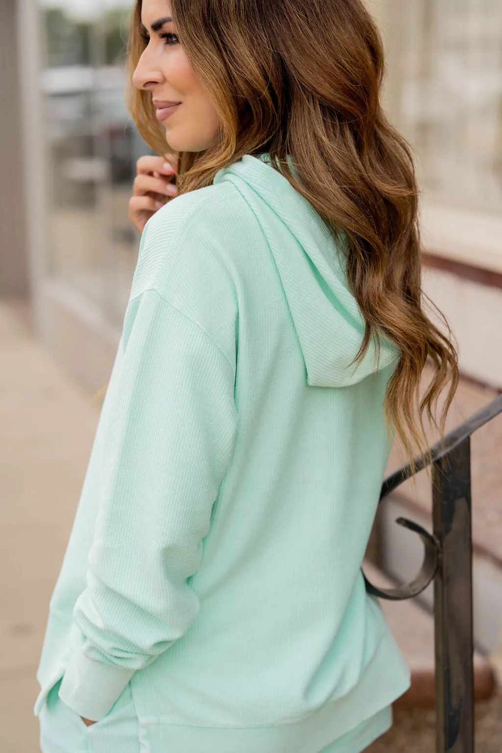 Ribbed Side Slit Hooded Sweatshirt