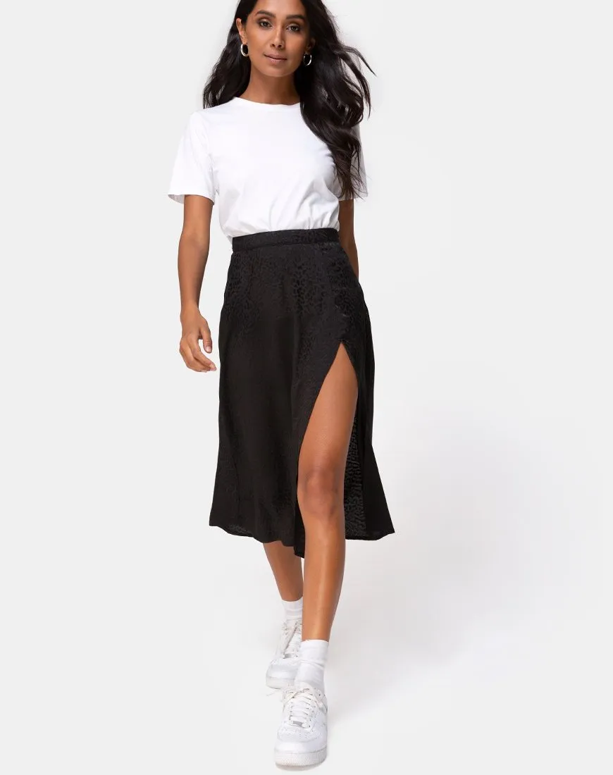 Saika Midi Skirt in Satin Cheetah Black