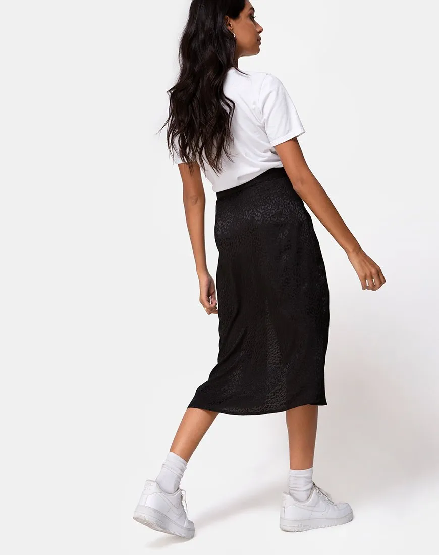 Saika Midi Skirt in Satin Cheetah Black