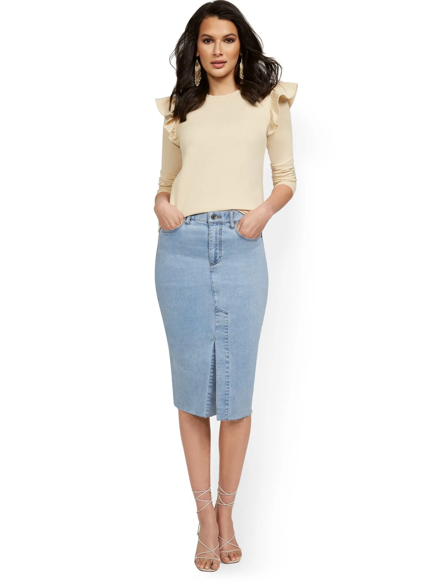 Slit-Front Denim Pencil Skirt