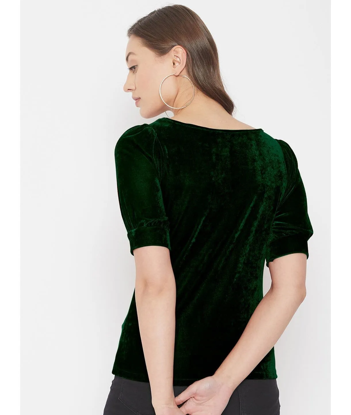 Stretchable Velvet Round Neck Puff Sleeve Top