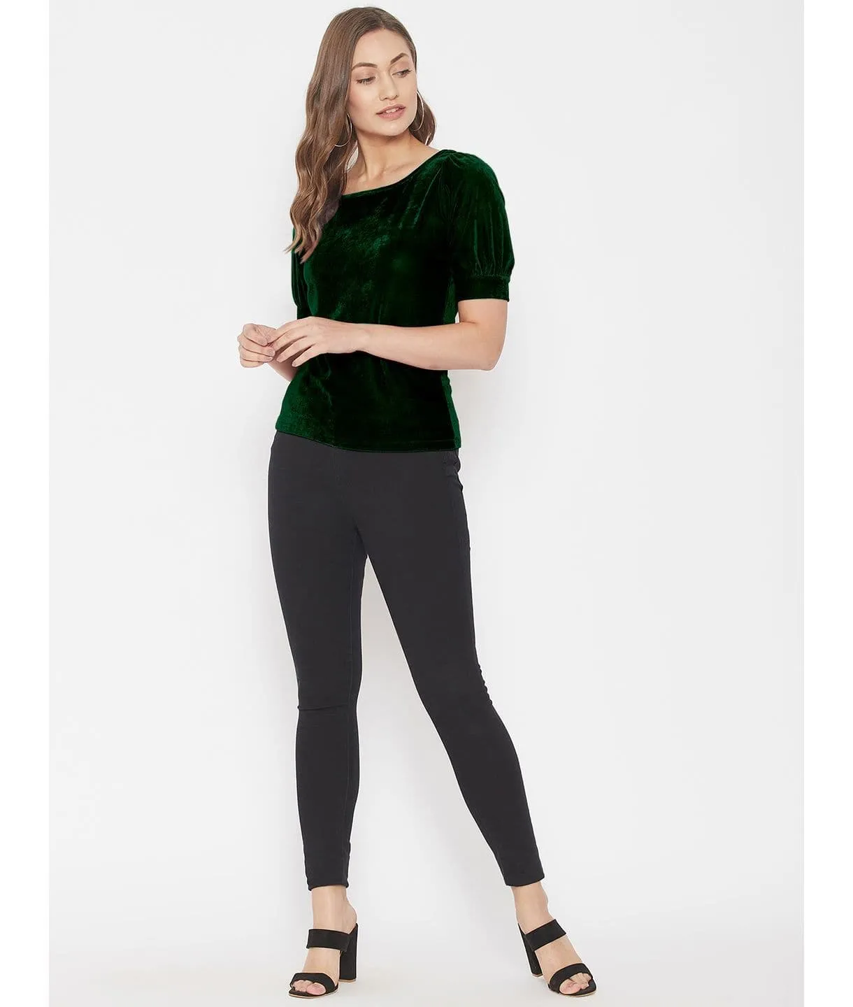 Stretchable Velvet Round Neck Puff Sleeve Top