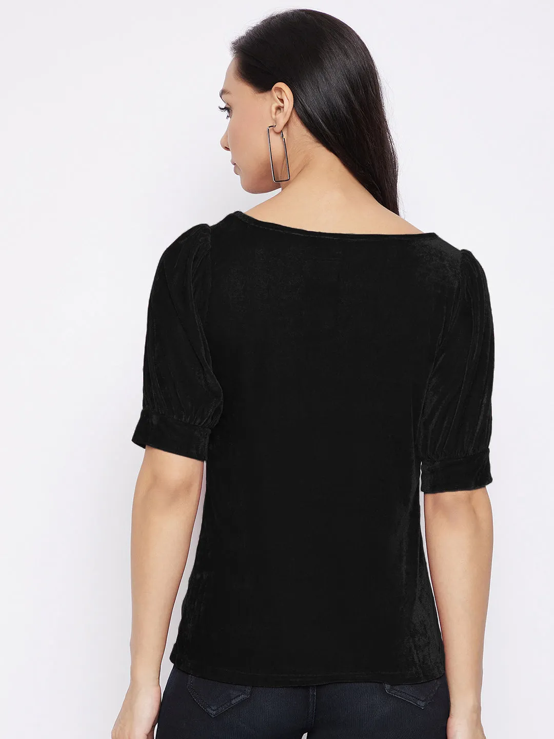 Stretchable Velvet Round Neck Puff Sleeve Top