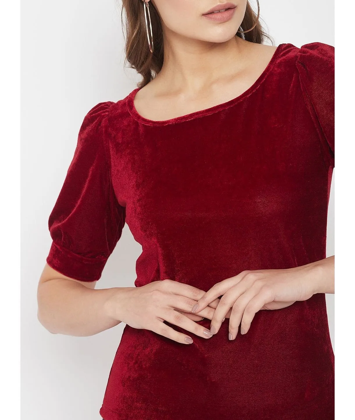 Stretchable Velvet Round Neck Puff Sleeve Top