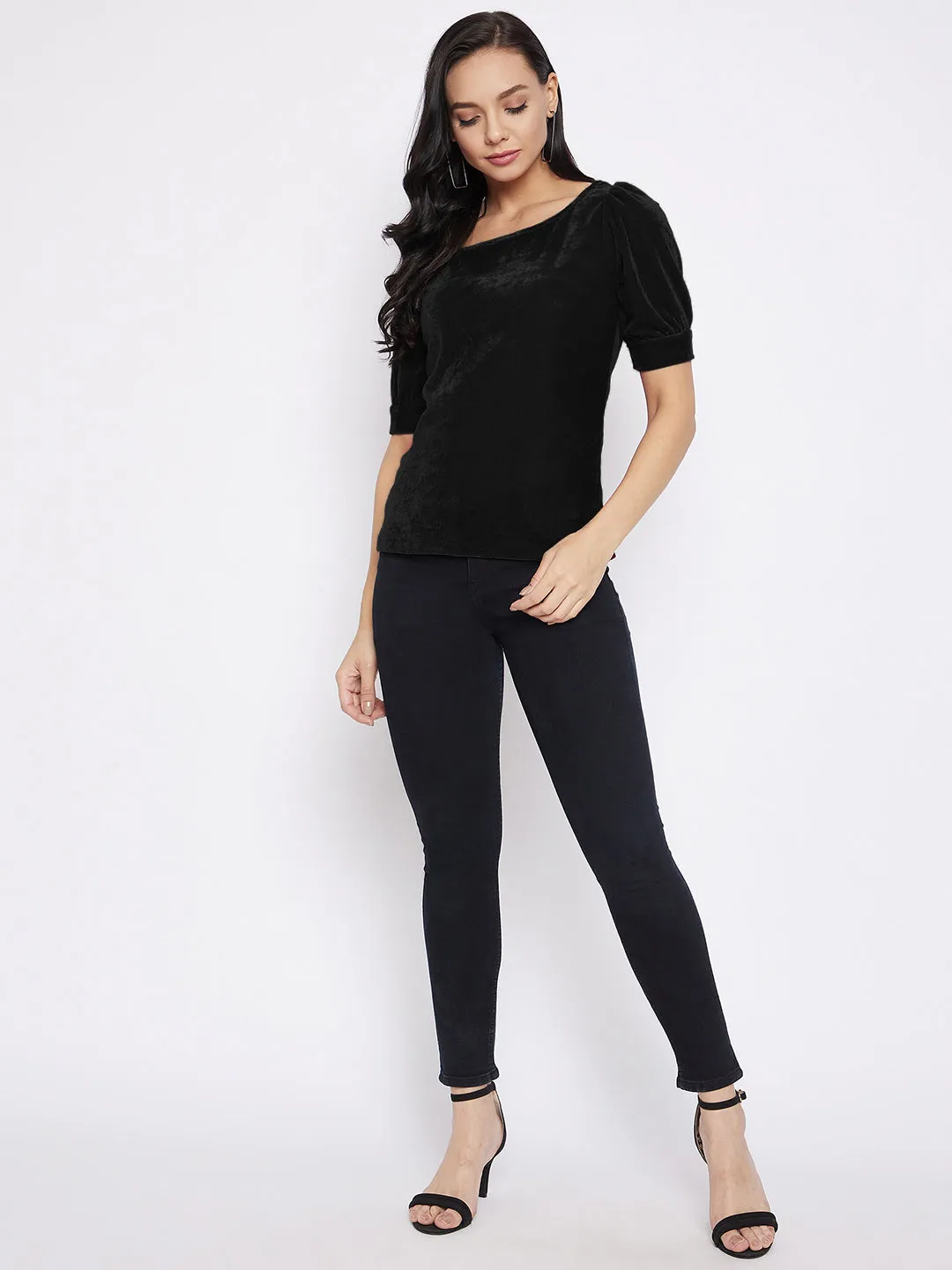 Stretchable Velvet Round Neck Puff Sleeve Top