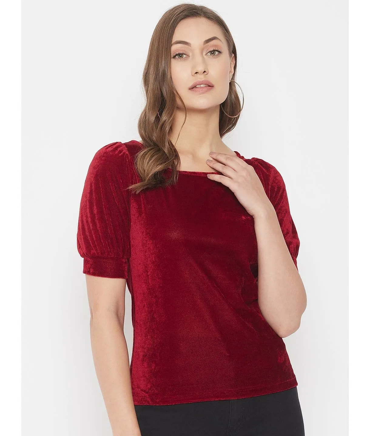 Stretchable Velvet Round Neck Puff Sleeve Top