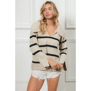 Striped Knit Collared V-Neck Top