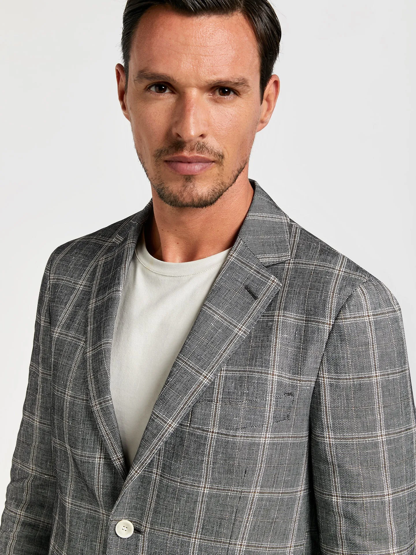 Unstructured windowpane check linen blend blazer