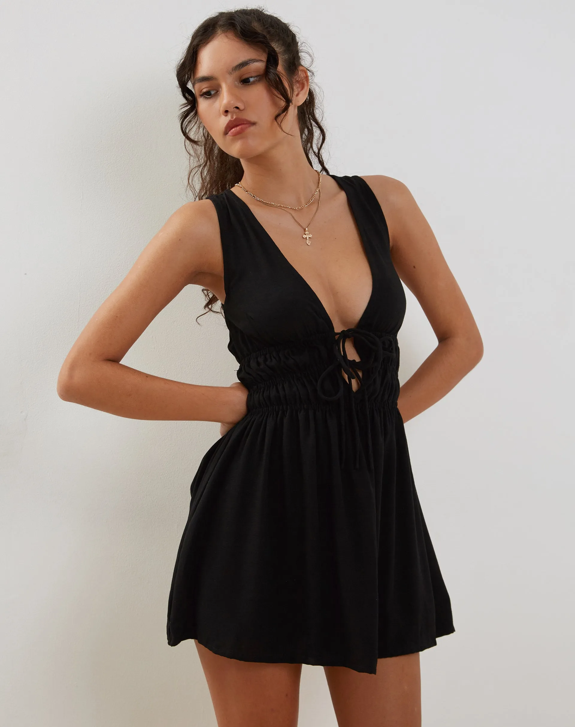 Valhala Front Tie Mini Dress in Black