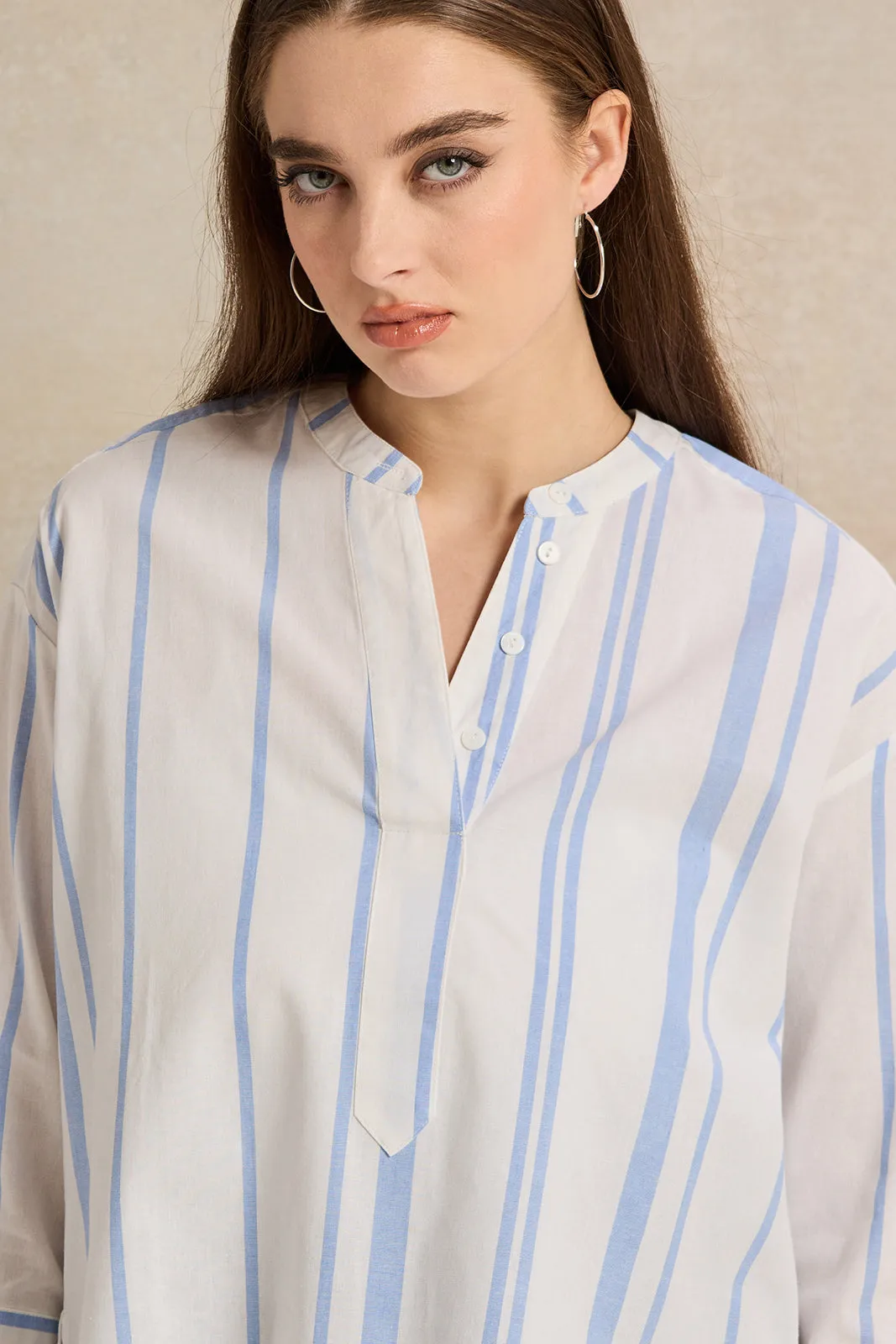 Women White And Blue Striped Blouse