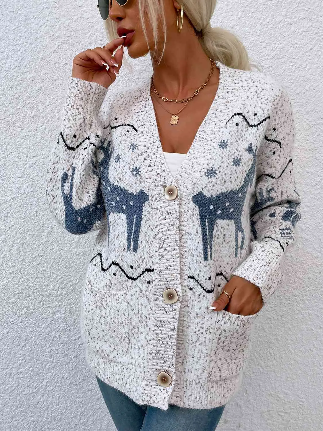 Women's Reindeer Button Down Cardigan with Pockets