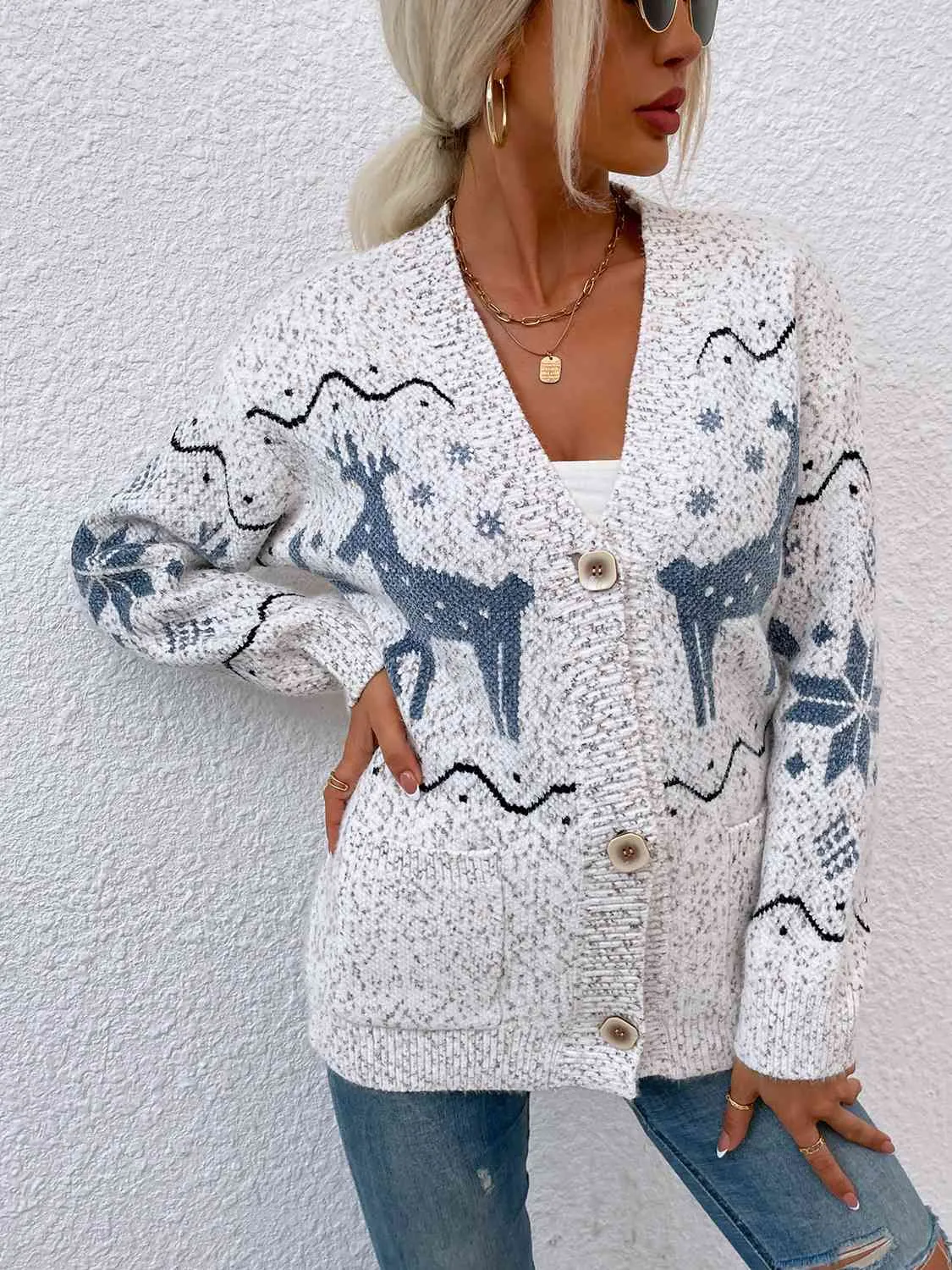 Women's Reindeer Button Down Cardigan with Pockets