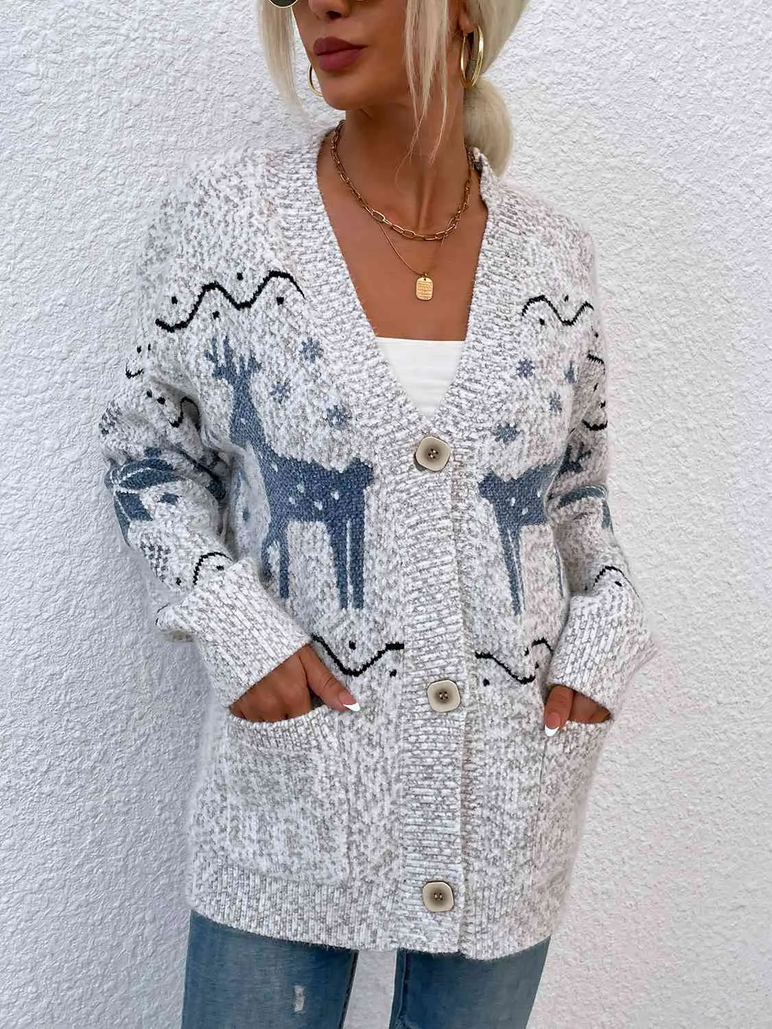 Women's Reindeer Button Down Cardigan with Pockets