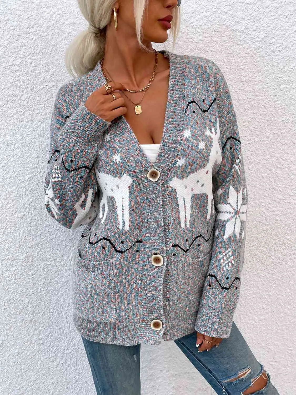 Women's Reindeer Button Down Cardigan with Pockets