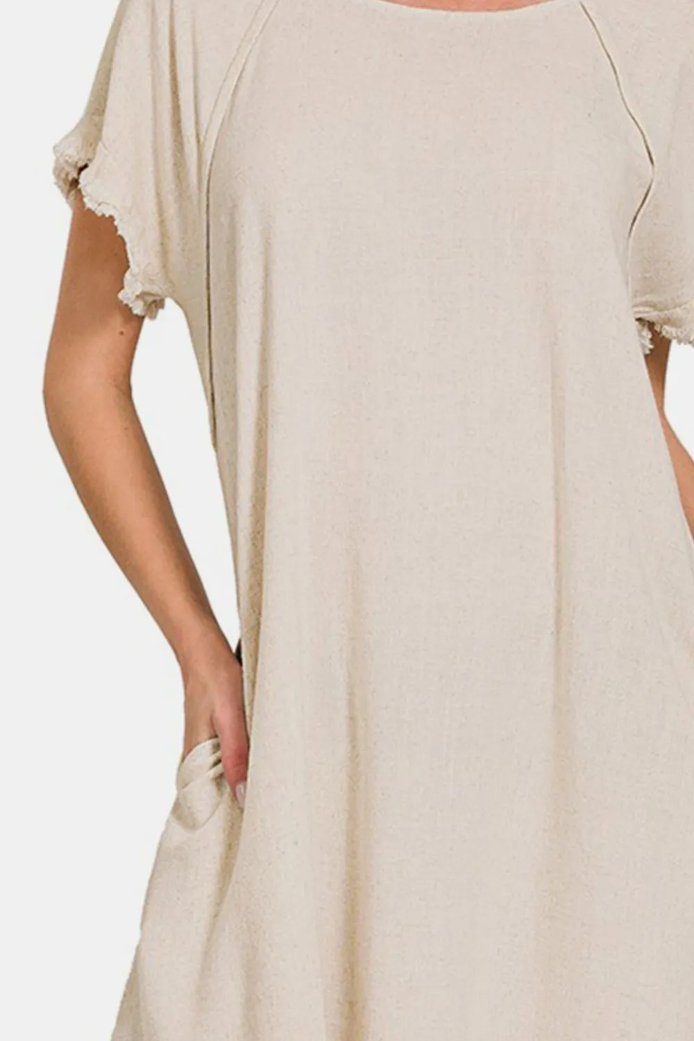 Zenana Fringe Edge High Low Flowy Dress with Pockets Beige